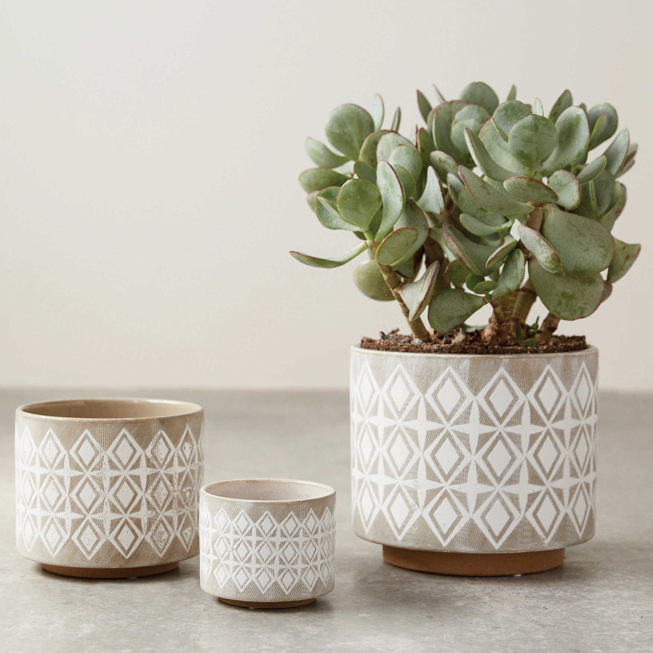 Set of Three Grey and White Stoneware Pots