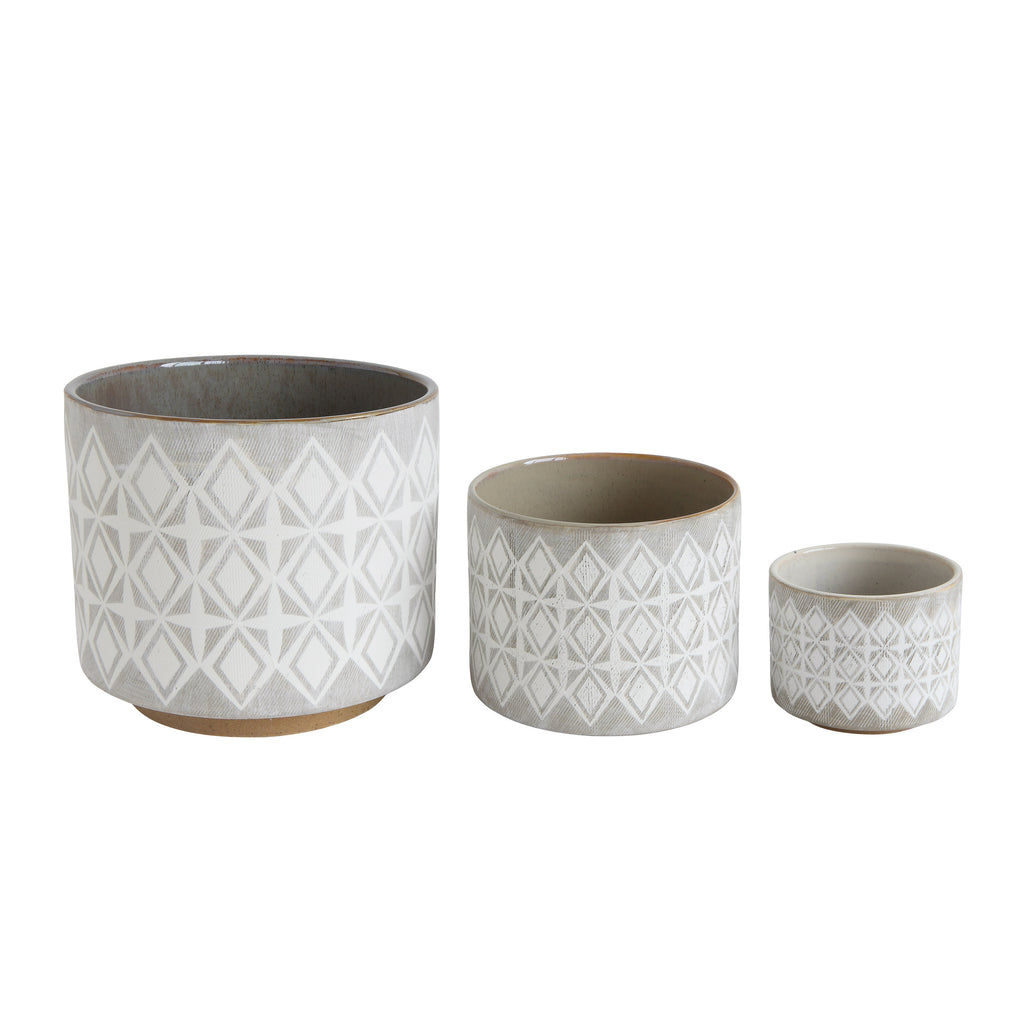 Set of Three Grey and White Stoneware Pots