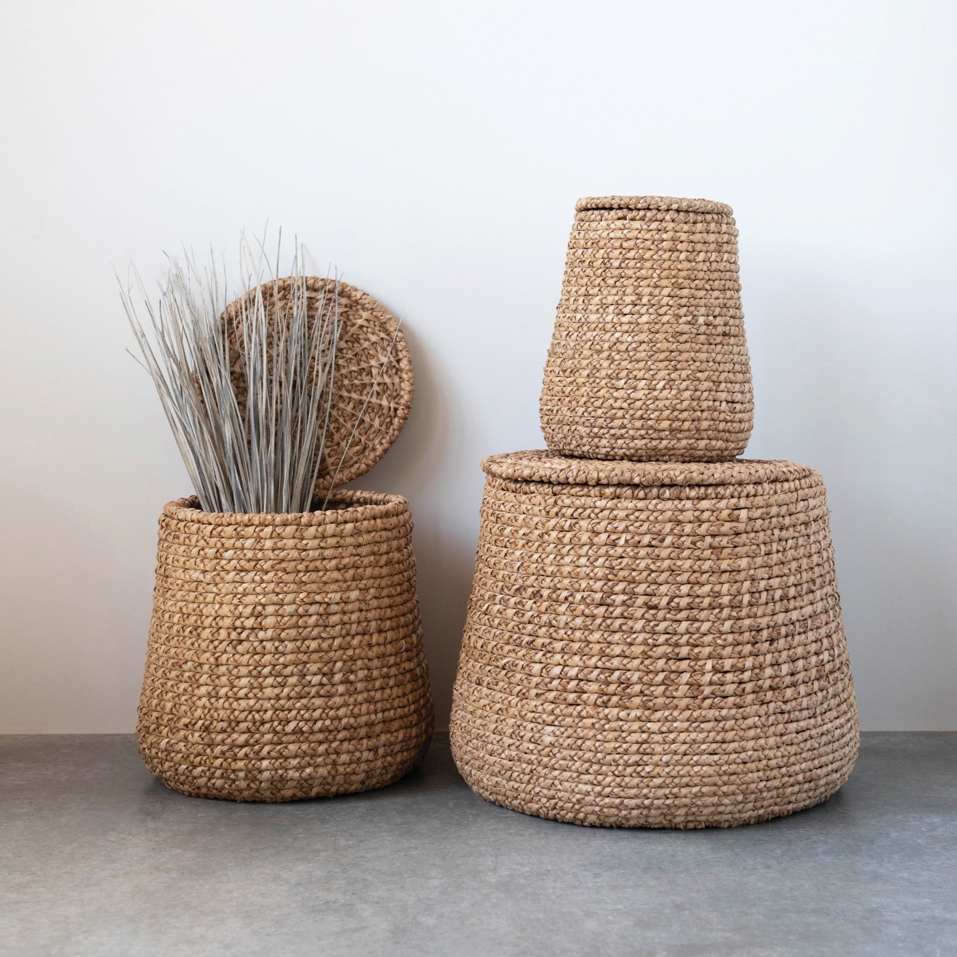 Set of Three Rattan Baskets with Lids
